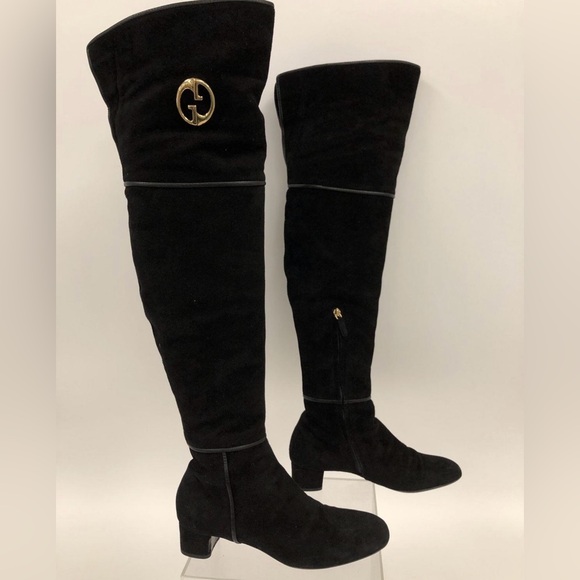 Gucci Black Suede Over-the-Knee Boots with Gold Accent